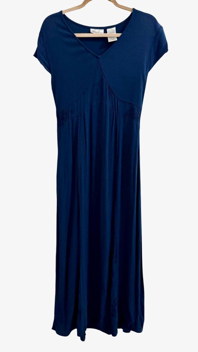 Vintage Y2K Kathie Lee Collection Indigo Blue Rayon Embroidered Maxi Dress Size